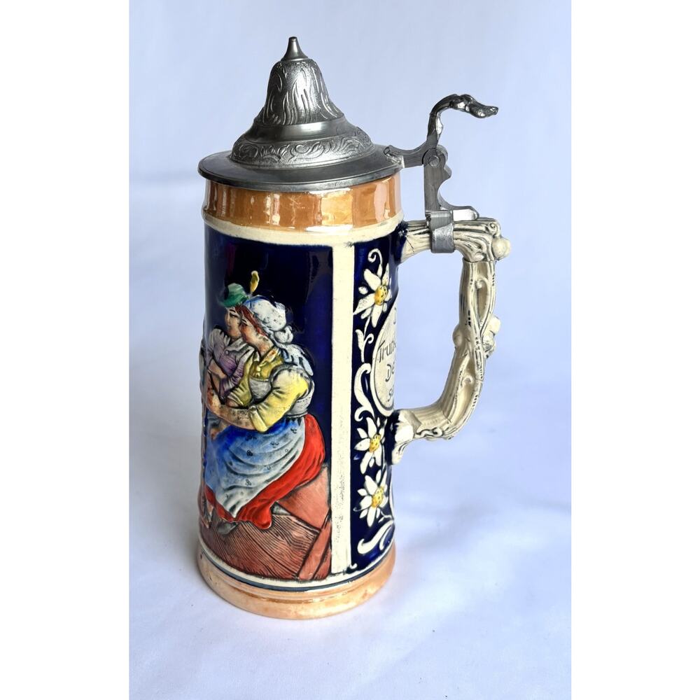 Ceramic Beer Stein, Metal Lid Covered, People Drinking Around Table, Germany